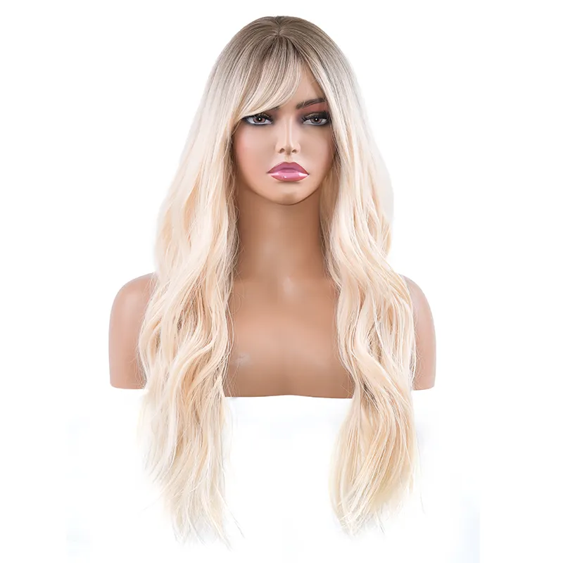 Black Brown Blonde Long Wavy Hair Wigs with Bangs Cosplay Daily Synthetic Wigs for Women Heat Resistant Fibre