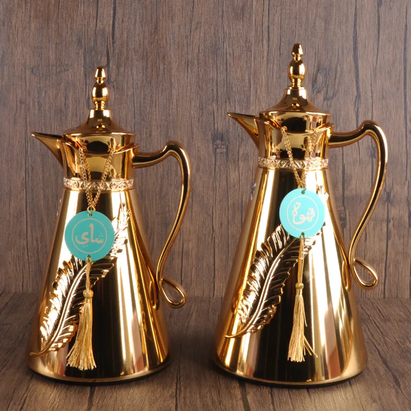 0,7 l 1,0 l Dallah Set Gold Arabische Thermoskanne Luxus Teekanne Kaffeekanne mit rosa Glas innen