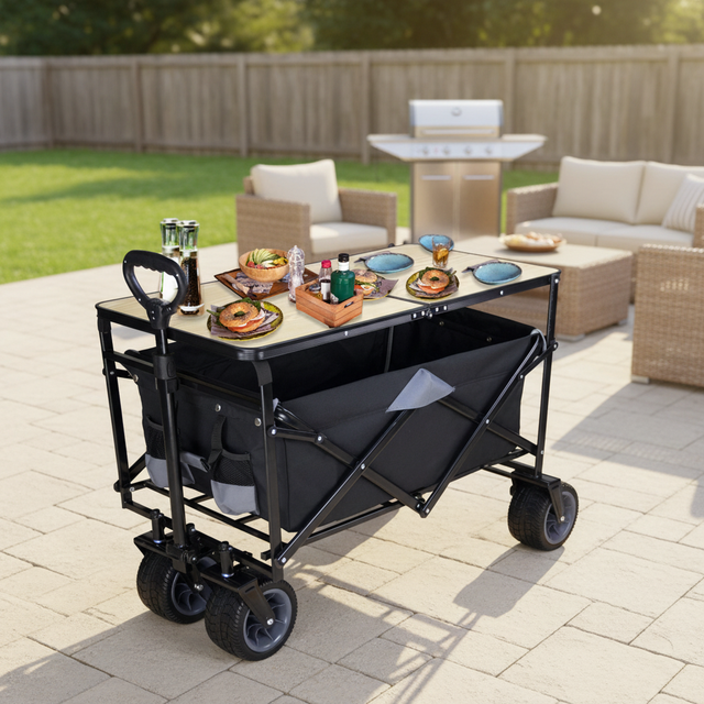 Camping Folding Wagon with Table, Garden Beach Outdoor Utility Cart
