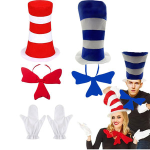 Serre-tête unisexe Dr Seuss avec oreilles de <span class=keywords><strong>chat</strong></span>, chapeau rouge à visière, queue et gants à nouer – Ensemble d'accessoires de costume de cosplay, cadeau de fête, déguisement - Product Image 1
