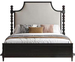 Premium Queen Size Black Wood Spindle <b>Bed</b> With Beige Upholstered Headboard For Bedroom - Product Image 6