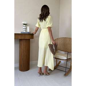 Robe en mousseline de lin jaune à double boutonnage, taille naturelle, coupe ample, respirante, pour usage quotidien décontracté - Product Image 1
