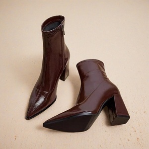 Commercio all'ingrosso della fabbrica delle donne marrone pelle a punta blocco <span class=keywords><strong>tacco</strong></span> alto <span class=keywords><strong>stivaletti</strong></span> per festa di usura quotidiana - Product Image 1