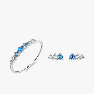 925 Sterling <b>Silver</b> Blue Topaz CZ Crown Row <b>Set</b> <b>Ring</b> Earring <b>Set</b> Dainty Ocean Inspired Jewelry For Women - Product Image 1