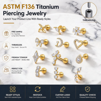 Aopo ASTM F136 Titane sans filetage, clou labret à dos plat, motif fleur en zircone cubique, pour lèvre, tragus, hélix, conque, cartilage, bijou corporel 16G