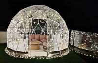 Tente dôme géodésique de camping extérieur de luxe, blanche, imperméable, avec structure en acier et matériau PVC résistant aux UV, double couche, type igloo