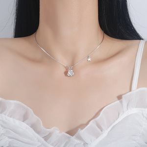 Starry Cat's Eye Stone Necklace For Women Silver Chain Star Pendant Elegant Clavicle Jewelry Everyday Wear Geometric Design - Product Image 1