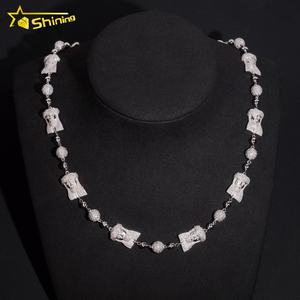 In argento massiccio Jesus testa Mix Micro pavé palla ghiacciata catena del rosario VVS Moissanite diamanti uomini gioielli collana - Product Image 1
