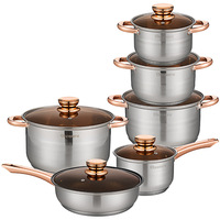 Batterie de cuisine en acier inoxydable avec poignées or rose, fond à induction, couvercles en verre composite 5 couches, comprenant faitout, casserole et poêle à frire
