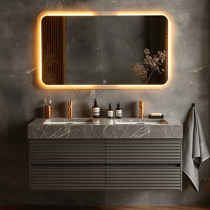 Ensemble de Meubles de Salle de Bain de Luxe Modernes en Acier Inoxydable avec Double Vasque, Miroir et Montage Mural en Marbre pour Hôtel - Product Image 3