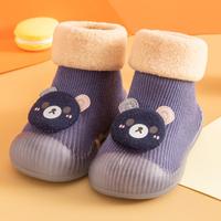 Chaussons-chaussettes pour bébé en tricot bleu marine motif ours, avec bordure en peluche, semelle souple et flexible en TPE antidérapante, pour premiers pas, fournisseur en gros