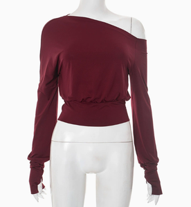 Viviblook C25TP154 2025 automne nouvelle couleur unie Slash col dos nu Sexy à manches longues Y2K Vintage haut pour les femmes - Product Image 1