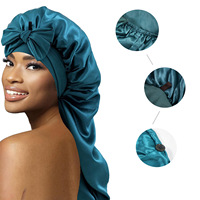 Bonnet long en satin de soie en gros avec lien en ruban, taille ajustable, grand format, pour dormir, chapeau de nuit pour tresses, logo personnalisé