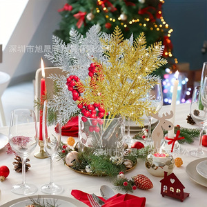 Artificial Pine Branch <b>Glitter</b> Decoration Silver Gold <b>Red</b> Plastic Christmas Home Party Decor Single Branch - Product Image 2