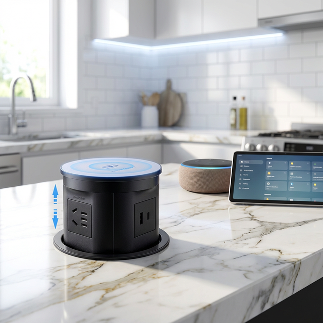 IP66 Waterproof WiFi SDK 15A Aluminum Motorized Kitchen Worktop EU Power Pop up Tabletop Socket