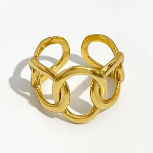 R0101 Curb Link Chunky Chain Wide Rings Hollow Gold Geometric Ring for Women 925 Sterling Silver Minimalist Rings 2019 Resizable