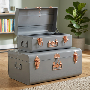 Zero Waste Box Gray <b>Metal</b> <b>Storage</b> <b>Trunks</b> Hinged Lid Stackable Design for Sundries Organization 1 Layer Industrial Style - Product Image 1