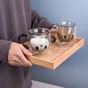 도매 사용자 정의 재미 인쇄 만화 차 컵 3D 동물 귀여운 검은 고양이 모양 유리 커피 머그잔 핸들