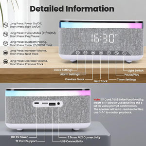 Réveil numérique BT avec haut-parleur, veilleuse à intensité variable 13 couleurs, charge sans fil 15W, bruit blanc, radio FM, USB/AUX - Product Image 6