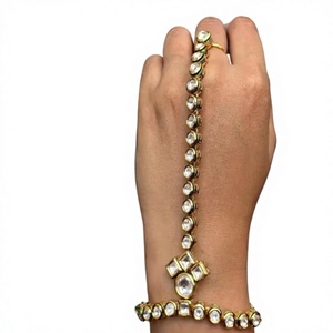 Elegant Gold Plated Cuff <b>Bracelet</b> With Crystal Rhinestones Geometric Design For Women Wedding Traditional Wear - Product Image 2