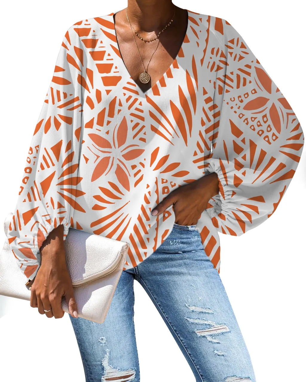 Blusa de gasa de manga larga con cuello en V para mujer, camisa elástica de manga larga con mangas abombadas en color blanco y naranja de alta calidad, diseño de tatuaje Tribal polinesiano