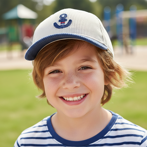 Casquette de baseball pour enfants mignonne et cool, en velours côtelé blanc et bleu marine, avec applique d'ancre, style nautique pour les jeux en plein air - Product Image 3