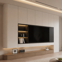 Meuble TV mural moderne de luxe en forme d'arc, meuble TV en bois à bords incurvés, étagères de rangement, console multimédia flottante LED pour salon