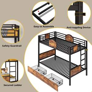 Litera <span class=keywords><strong>Twin</strong></span> Over <span class=keywords><strong>Twin</strong></span> con escalera y tablero de MDF Literas gemelas con 2 cajones de almacenamiento Ahorro de espacio Sin ruido Negro - Product Image 5