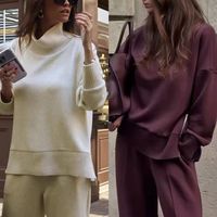 Offre Spéciale femmes sweats à capuche survêtement couleur unie col rond surdimensionné sweat large jambe pantalon ensemble décontracté sweat 2 pièces ensemble