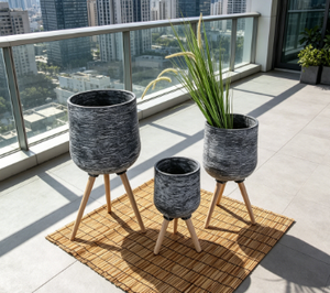 Modern Brushed Texture Waisted Standing Planter, Weather Resistant Decorative Cement Plant <b>Pot</b> for Home Hotel Lobby Commercial - Product Image 2
