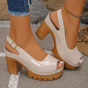 Sandali con tacco alto e plateau, tinta unita, taglie grandi, punta aperta, tacco spesso, da donna, con fibbia, punta bassa - Product Image 6