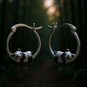 Orecchini a Cerchio con Panda in Argento 925 Placcato Oro Bianco, Gioielli Carini da Donna per Uso Quotidiano - Product Image 2