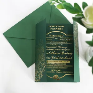 Tùy chỉnh cổ điển màu xanh đậm và vàng lá 5x7 inch giấy Áo khoác lời mời đám cưới sang trọng Thiệp mời