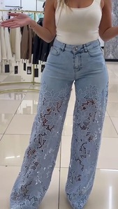 Jeans de Mujer con Cintura Alta y Pierna Ancha, con Encaje Calado, Estilo Europeo Americano, para Comercio Exterior Transfronterizo TK - Product Image 6