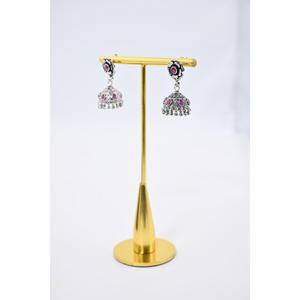 Oxidised Jhumki Vintage Flower Shape Drop <b>Earrings</b> Pink Rhinestones Silver Plated Women's Wedding Jewelry - Product Image 3
