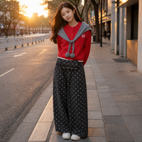 Ensemble Cardigan à Col Marin et Pantalon Large pour Femme, Rouge, Style Preppy, Tenue de Vacances Deux Pièces, Vente en Gros Personnalisée