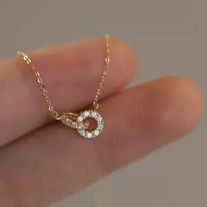 Exquisite 14K Gold Plated S925 Sterling Silver Interlocking Diamond Double Ring Pendant Necklace Women Charm Party Jewelry