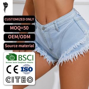 Shorts en jean taille haute pour femme OEM, style décontracté sexy déchiré, coupe droite, méthode de tissage, délavé, collection été, vente chaude - Product Image 1