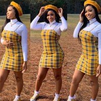 Ropa de verano para mujer, conjunto de dos piezas vintage a la moda, vestido a cuadros y camisetas de tela, venta al por mayor, 2021