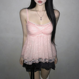 Top de punto sin mangas con encaje y malla para mujer, estilo bustier, corte ajustado, línea A, informal, a la moda para verano - Product Image 1