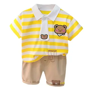 Cute Korean Style Baby Boy Clothing New Arrival Handsome Bear Short Sleeve Clothing Sets Made In China Stripe T-shirt Sets