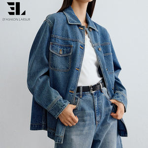 Jaket Denim Overshirt Jeans Shirt Jacket LARSUR Custom Factory Ramah Lingkungan Bahan Lyocell Lembut dengan Efek Distress Wash untuk Wanita - Product Image 5