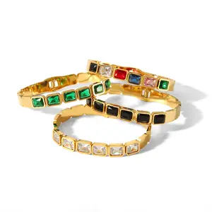 New Fashion High End Stainless Steel Bangles Jewelry Women 18K Gold Plated Black White Emerald Zircon Bracelets Bangles