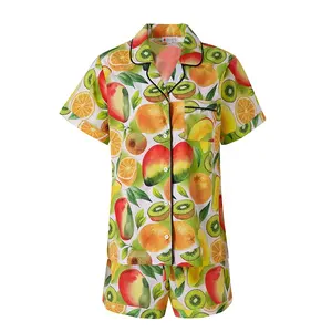 Pure 100% Combed Cotton Block Fruits Digital Print Women Home Sleep Wear Summer Woven Pajamas Ladies