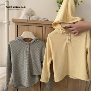 Tongxingyuan Baby Girl Hooded Sweatshirt Striped Cotton Long Sleeve Spring Autumn Clothing Kids Top Yellow Gray - Product Image 1