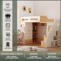 Lit mezzanine pour enfants avec armoire et bureau, lit superposé en bois massif avec escalier de rangement et étagère, blanc pour garçons, filles et adolescents