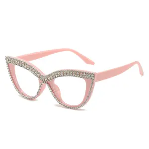 2023 Simple Diamond Inlay Plastic Vintage Promotion Eyeglasses Frames Cat Eye Rhinestone Anti Blue Light Eyeglasses Frames