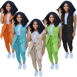 Conjunto de Dos Piezas para <span class=keywords><strong>Mujer</strong></span> de Oficina, <span class=keywords><strong>Blazer</strong></span> sin Mangas, <span class=keywords><strong>Chaleco</strong></span> Sólido con Pantalones con Cordones, Vestidos Elegantes Casuales para el Trabajo - Product Image 1