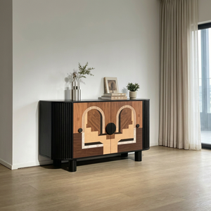 Aparador Moderno con Incrustaciones Geométricas de Madera, 2 Puertas, Gabinete de Almacenamiento, Patas con Paneles Acanalados, Decoración Retro para Sala de Estar - Product Image 1