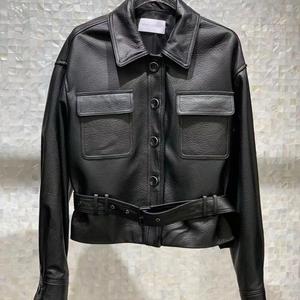 Veste en cuir véritable de <span class=keywords><strong>mouton</strong></span> avec ceinture ajustable, style streetwear, veste en cuir <span class=keywords><strong>noir</strong></span> pour femmes - Product Image 2